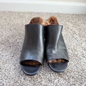 Elegant Black Leather Mules with Plush Brown Lining